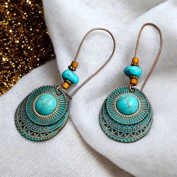 🆕Boho Chic Ethnic Vintage Style Turquoise Drop Statement Carved Trendy Earrings - Picture 1 of 15